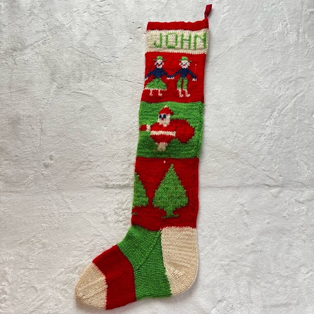 Vintage 1955 Handmade Wool Christmas Stocking “John” Santa trees